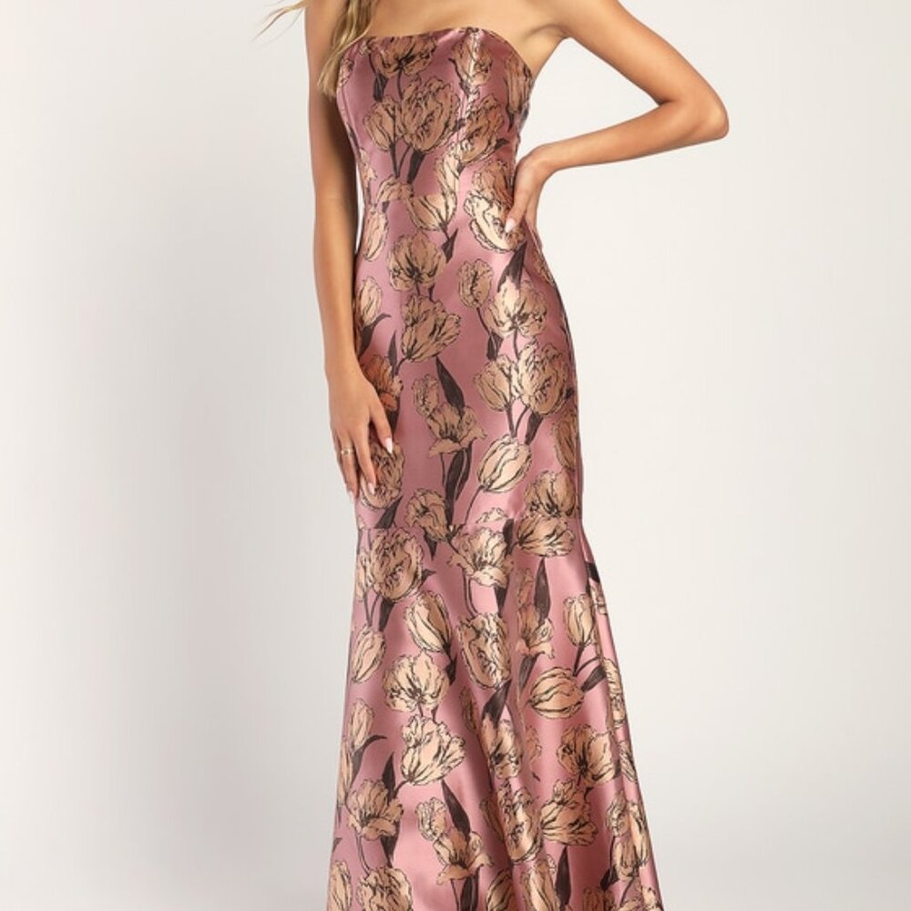 Lulus Gowning Around Mauve Floral Jacquard Strapless Maxi Dress Purple - Size M